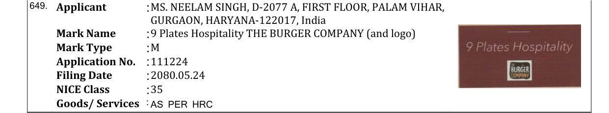 Original bulletin entry for 9 Plates Hospitality THE BURGER COMPANY (and logo)