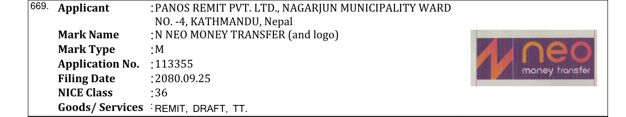 Original bulletin entry for N NEO MONEY TRANSFER (and logo)