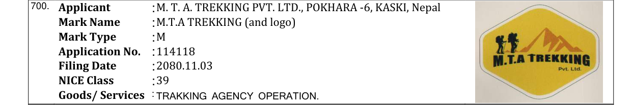 Original bulletin entry for M.T.A TREKKING (and logo)