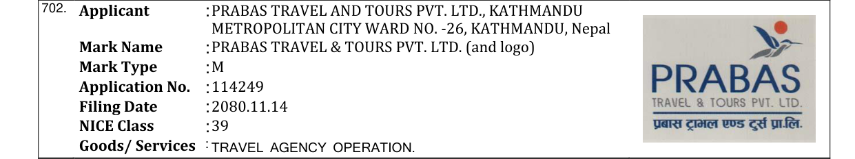 Original bulletin entry for PRABAS TRAVEL & TOURS PVT. LTD. (and logo)