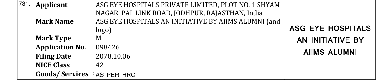 Original bulletin entry for ASG EYE HOSPITALS AN INITIATIVE BY AIIMS ALUMNI (and logo) ASG EYE HOSPITALS