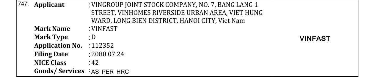 Original bulletin entry for VINFAST