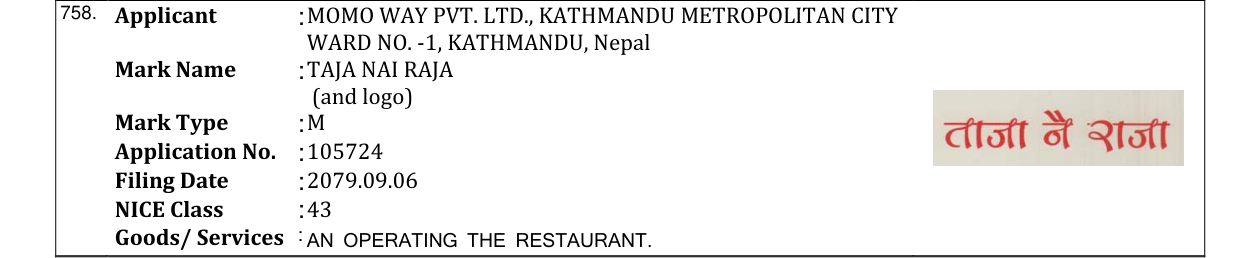 Original bulletin entry for TAJA NAI RAJA (and logo)
