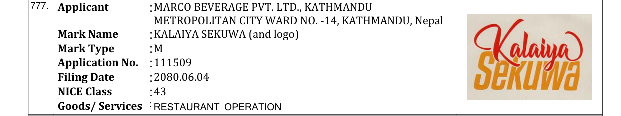 Original bulletin entry for KALAIYA SEKUWA (and logo)