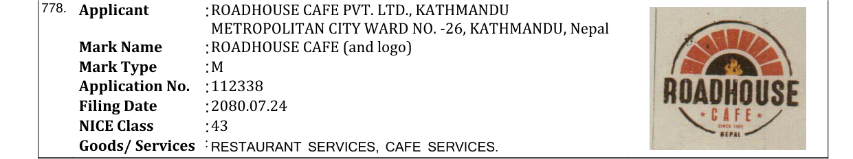Original bulletin entry for ROADHOUSE CAFE (and logo)