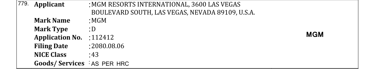 Original bulletin entry for MGM