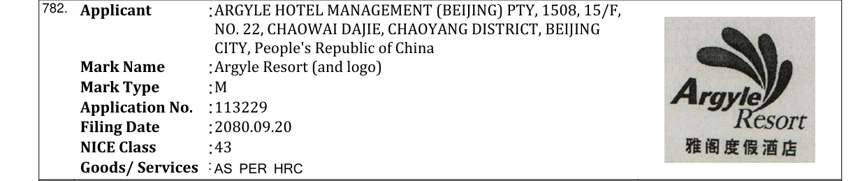 Original bulletin entry for Argyle Resort (and logo)