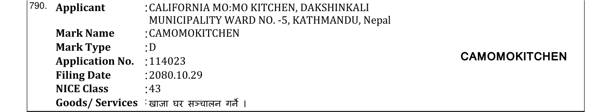 Original bulletin entry for CAMOMOKITCHEN