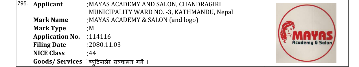 Original bulletin entry for MAYAS ACADEMY & SALON (and logo)