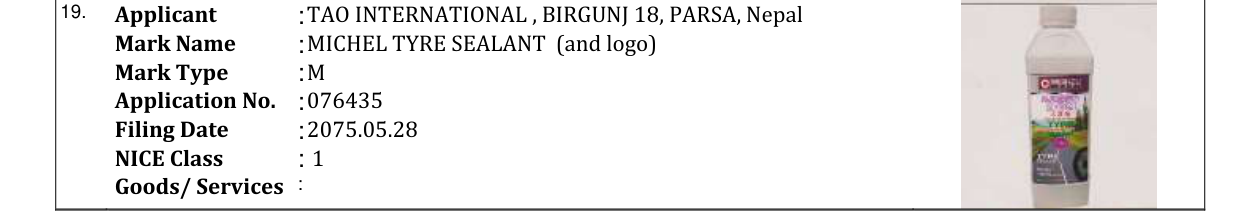 Original bulletin entry for MICHEL TYRE SEALANT (and logo)