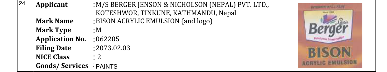 Original bulletin entry for BISON ACRYLIC EMULSION (and logo)