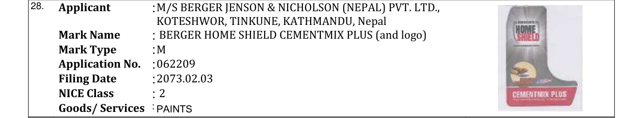 Original bulletin entry for BERGER HOME SHIELD CEMENTMIX PLUS (and logo)