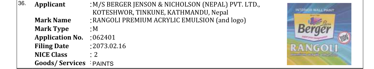 Original bulletin entry for RANGOLI PREMIUM ACRYLIC EMULSION (and logo)