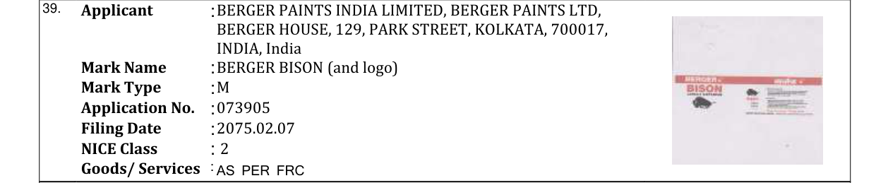 Original bulletin entry for BERGER BISON (and logo)