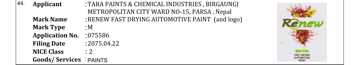 Original bulletin entry for RENEW FAST DRYING AUTOMOTIVE PAINT (and logo)