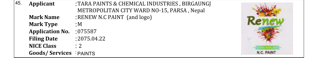 Original bulletin entry for RENEW N.C PAINT (and logo)