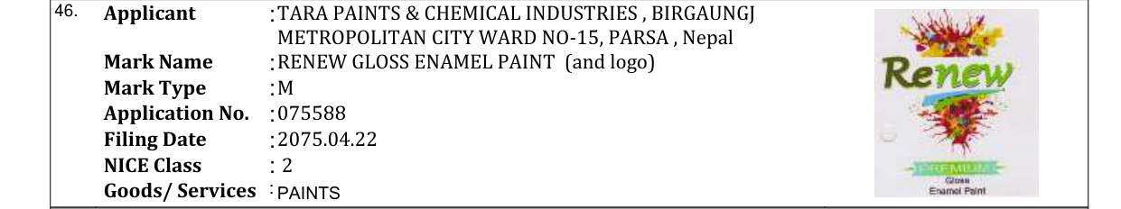 Original bulletin entry for RENEW GLOSS ENAMEL PAINT (and logo)