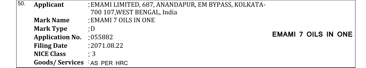 Original bulletin entry for EMAMI 7 OILS IN ONE