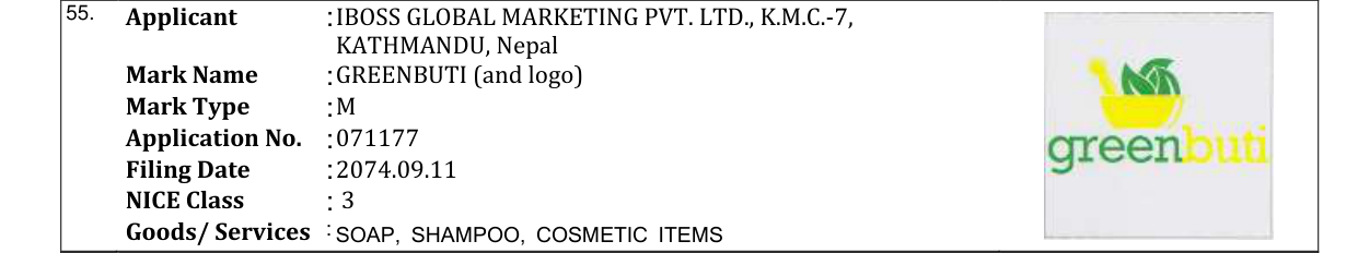Original bulletin entry for GREENBUTI (and logo)