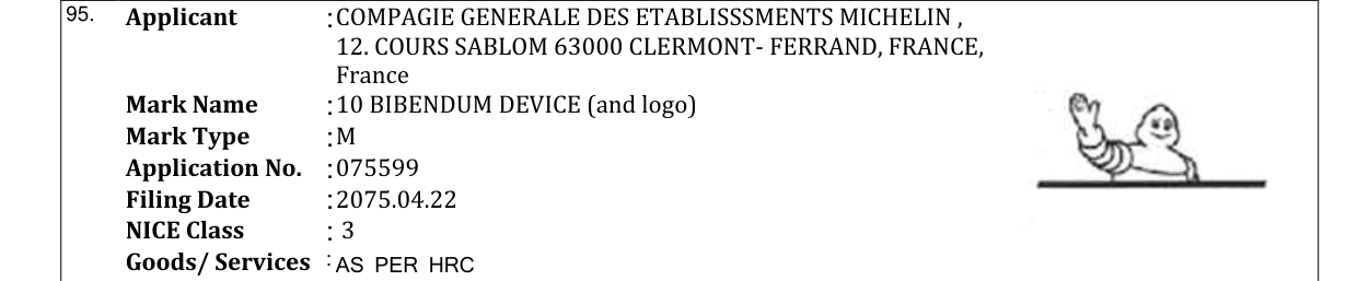 Original bulletin entry for 10 BIBENDUM DEVICE (and logo)