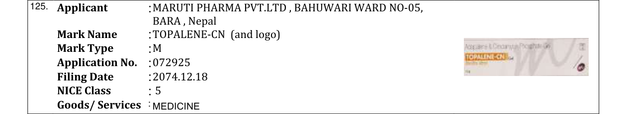 Original bulletin entry for TOPALENE-CN (and logo)