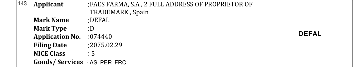 Original bulletin entry for DEFAL