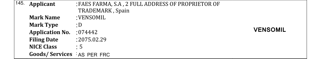 Original bulletin entry for VENSOMIL