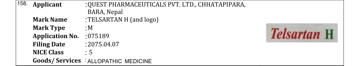 Original bulletin entry for TELSARTAN H (and logo)
