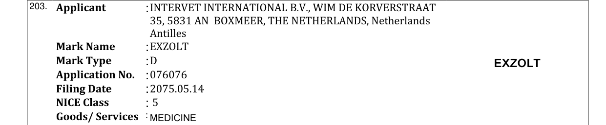 Original bulletin entry for EXZOLT