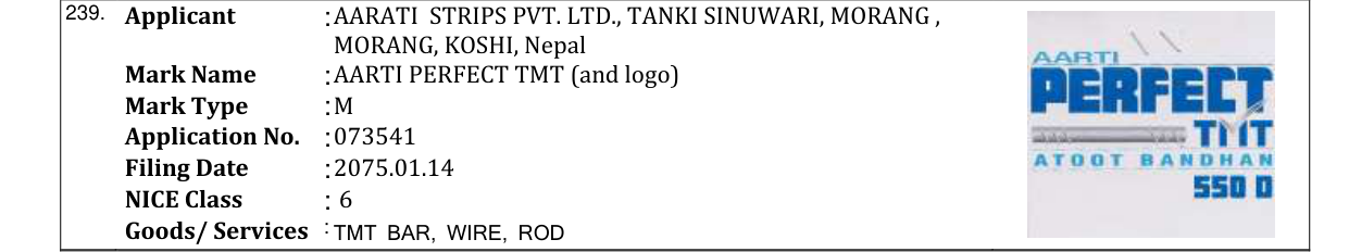 Original bulletin entry for AARTI PERFECT TMT (and logo)