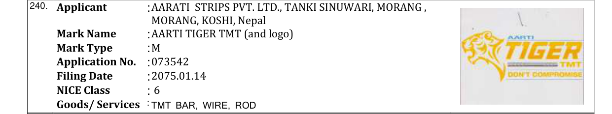 Original bulletin entry for AARTI TIGER TMT (and logo)