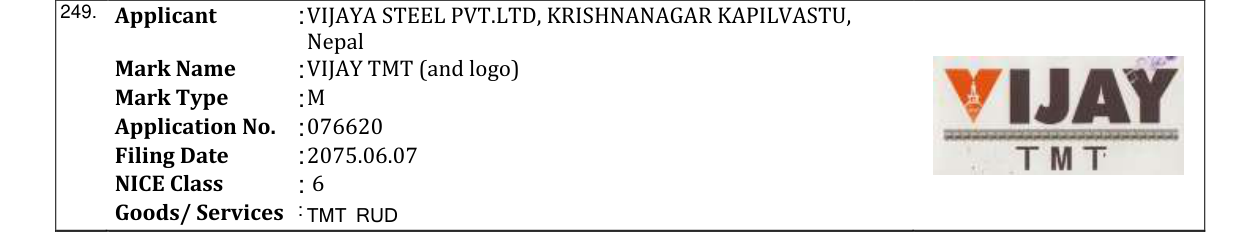 Original bulletin entry for VIJAY TMT (and logo)