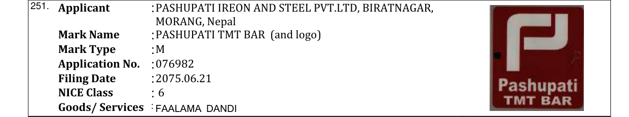 Original bulletin entry for PASHUPATI TMT BAR (and logo)