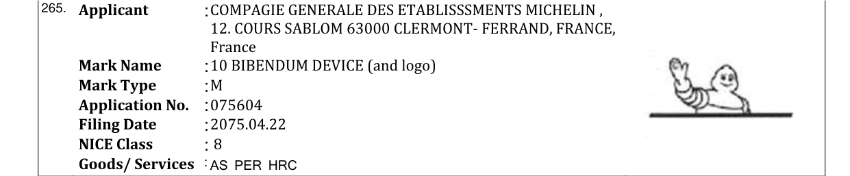 Original bulletin entry for 10 BIBENDUM DEVICE (and logo)