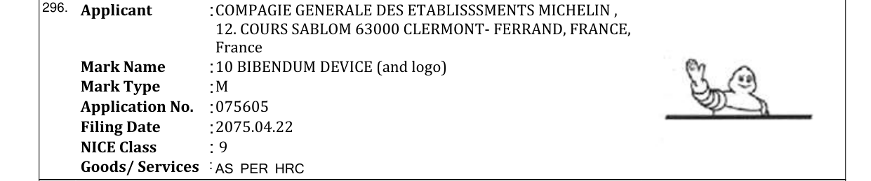 Original bulletin entry for 10 BIBENDUM DEVICE (and logo)