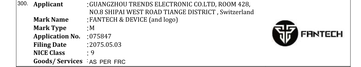 Original bulletin entry for FANTECH & DEVICE (and logo)