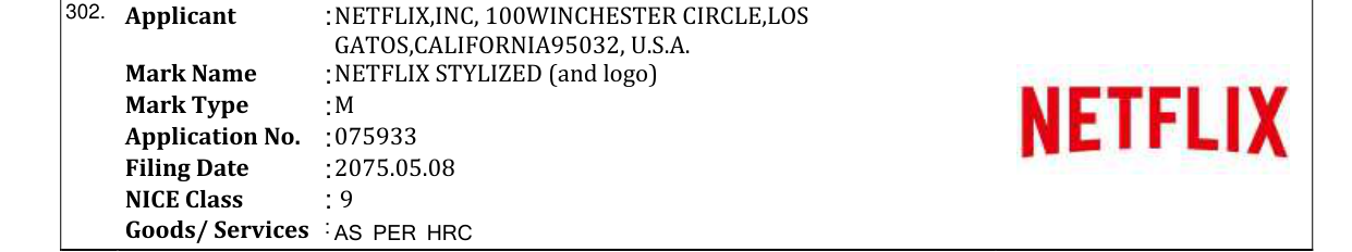 Original bulletin entry for NETFLIX STYLIZED (and logo)