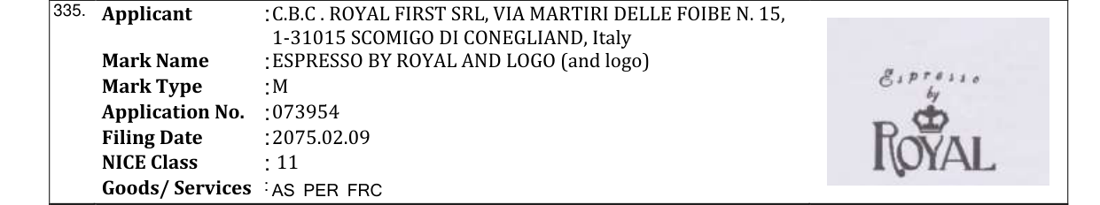 Original bulletin entry for ESPRESSO BY ROYAL AND LOGO (and logo)