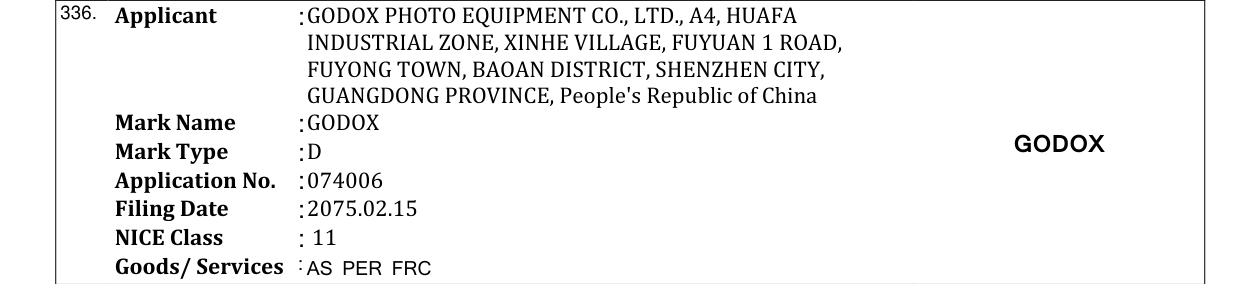Original bulletin entry for GODOX