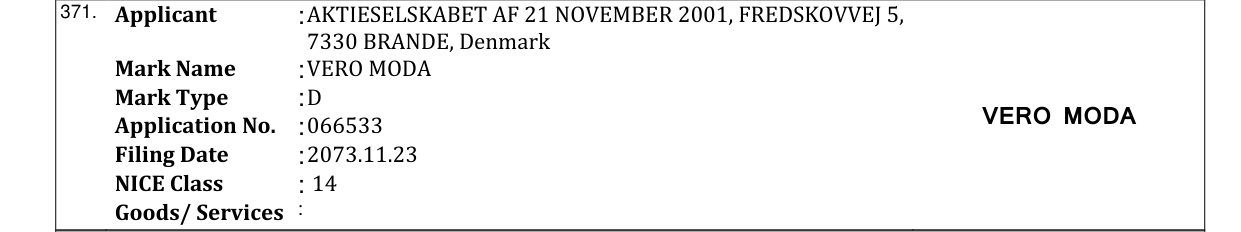 Original bulletin entry for VERO MODA