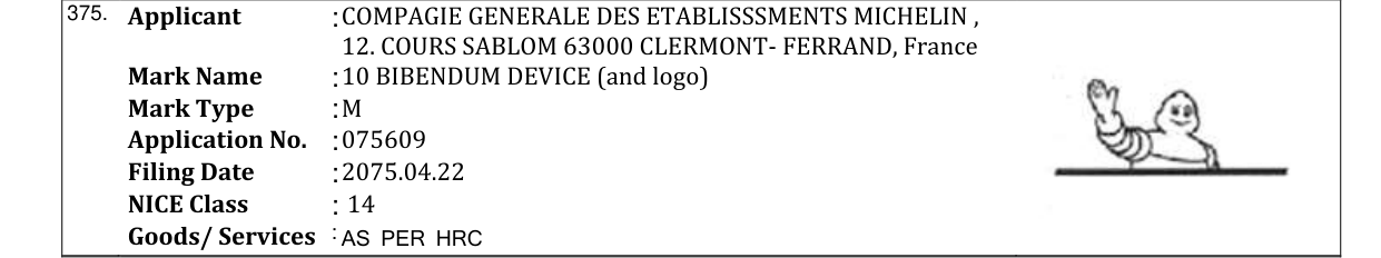 Original bulletin entry for 10 BIBENDUM DEVICE (and logo)