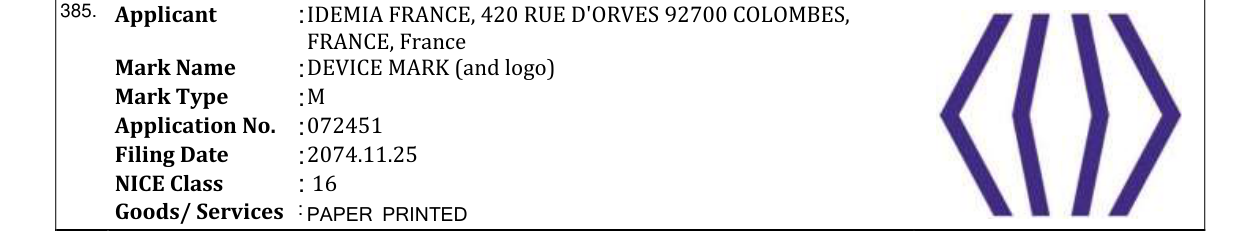 Original bulletin entry for DEVICE MARK (and logo)