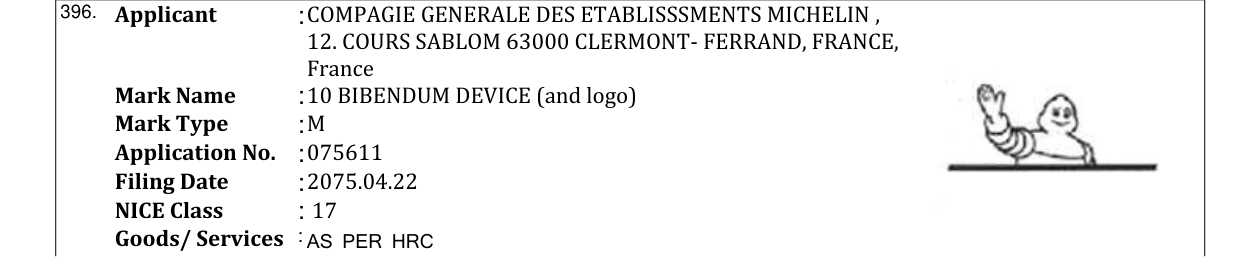 Original bulletin entry for 10 BIBENDUM DEVICE (and logo)
