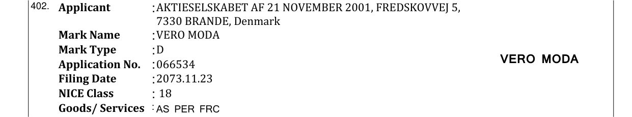 Original bulletin entry for VERO MODA