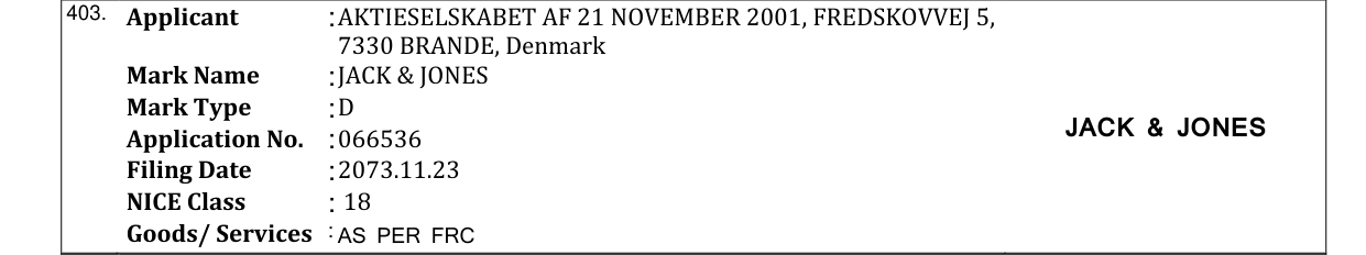 Original bulletin entry for JACK & JONES