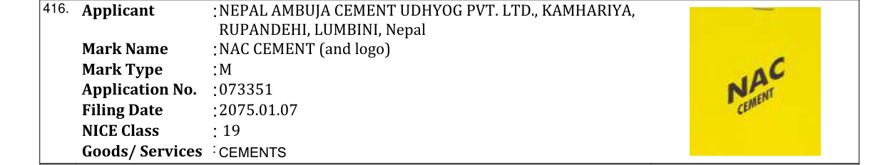 Original bulletin entry for NAC CEMENT (and logo)