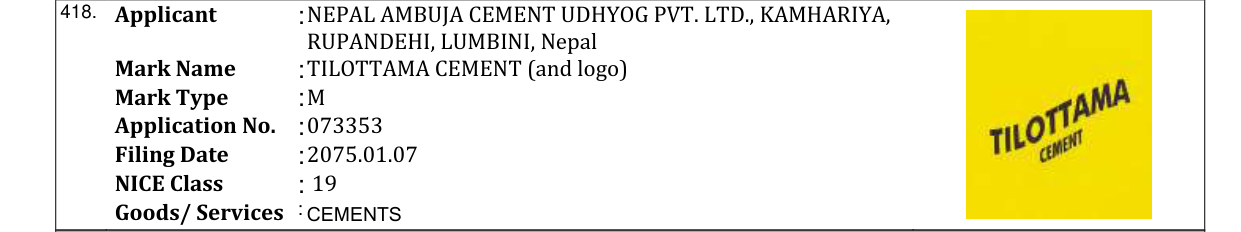 Original bulletin entry for TILOTTAMA CEMENT (and logo)