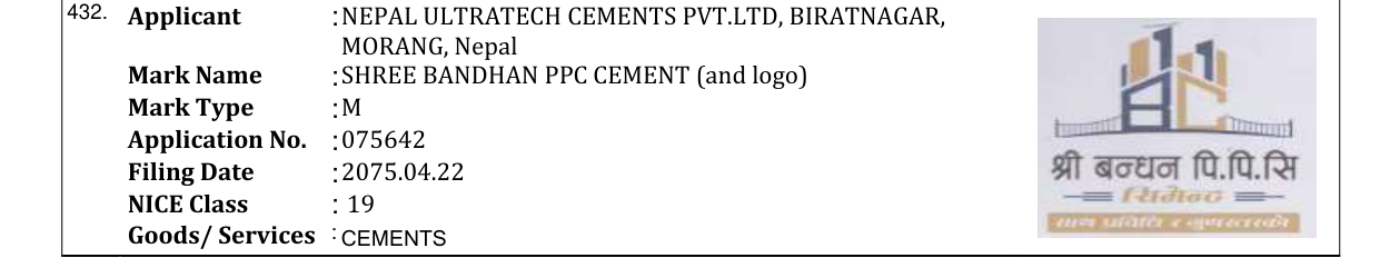 Original bulletin entry for SHREE BANDHAN PPC CEMENT (and logo)