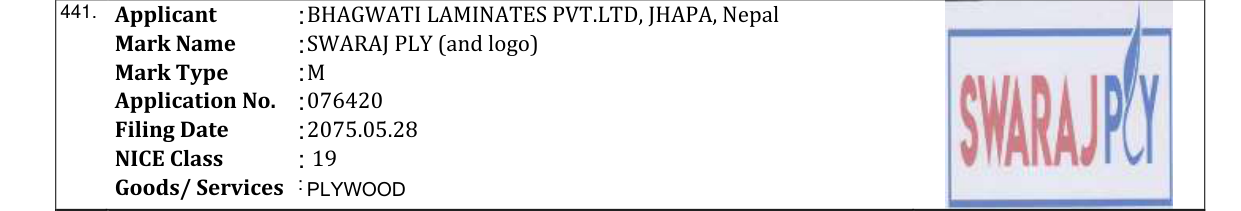 Original bulletin entry for SWARAJ PLY (and logo)