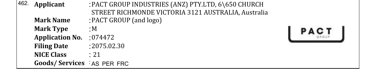 Original bulletin entry for PACT GROUP (and logo)